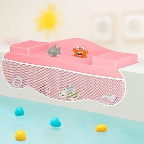 Splash Guard for Bathtub-Silicone Tub Topper Splash Guard for Kids, Splash Guard Tub Topper with 8 Suction Cups, Bath Toy Holder with 4 Mesh Pockets, Water Spill in Bathroom for Toddlers Kids (Pink)