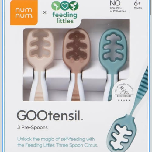 NumNum Baby Spoons Set, Feeding Littles x Silicone Pre-Spoon GOOtensils for Baby Led Weaning, Self-Feeding & Teething, First Stage Toddler Utensils for Ages 6+ Months, 3-Pack, BPA-Free (Neutrals)