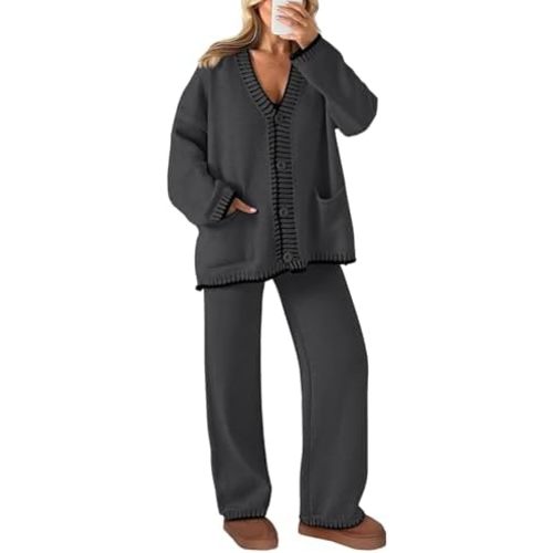 PRETTYGARDEN Women's 2 Piece Outfits Knit Matching Lounge Sets Long Sleeve V Neck Cardigan Sweaters Wide Leg Pants Tracksuits