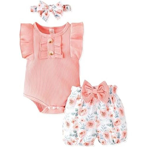 Newborn Baby Girl Clothes Outfits Ruffle Romper and Short Pant Sets with Headband Infant Bodysuits