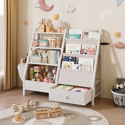 Ollieroo Kids Bookshelf and Toy Storage, Kids Bookcase Sling Shelf, Montessori Baby Toddler Bookshelf for Kids, Kids Bookcase, Toy Storage Organizer, for Playroom, Bedroom, Nursery,White