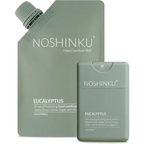 Noshinku Eucalyptus Pocket Hand Sanitizer Refill Kit: Refill Pouch + Sprayer Bundle | Organic Antibacterial Sanitizing Mist with Moisturizing Oils | FDA Registered | 70% Sugarcane Derived Alcohol
