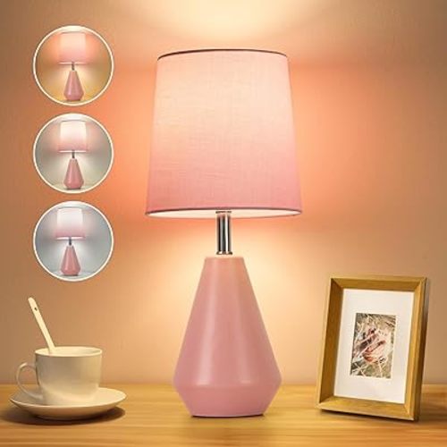 Small Bedside Table Lamp for Bedroom - Reading Desk Lamp with 3 Color Temperatures，15.5" Nightstand Ceramic Lamp with Fabric Shade for Kids Room,Living Room,Dorm,Home Office (Pink)