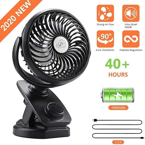 COMLIFE F170 Clip On Stroller Fan - Auto Oscillation Fan - 5000 mAh Battery Operated Fan, USB Desk Fan Stepless Speeds Control, Powerful Airflow for Camping, Office, Car