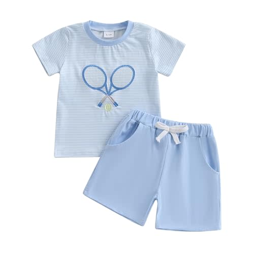 Doqcey Toddler Baby Boy Summer Outfit Baseball//Golf/Tennis Embroidery Striped Short Sleeve T Shirt Shorts Set 2Pcs Outfit