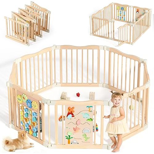 Foldable Wooden Playpen - 55x55x24 inches, Dino Land, Natural