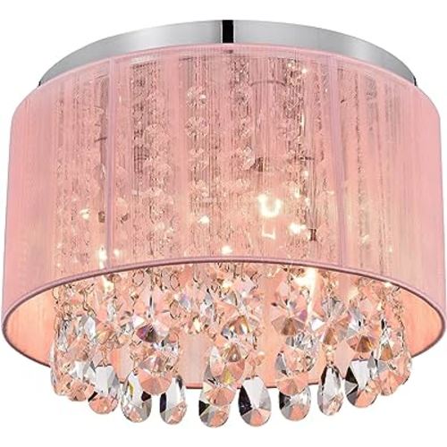LaLuLa Pink Chandelier Drum Flush Mount Chandelier Crystal Ceiling Light Fixture 3 Light Bedroom Chandelier