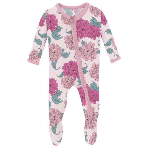 Print Muffin Ruffle Footie with 2 Way Zipper in Shrinking Violet Peonies