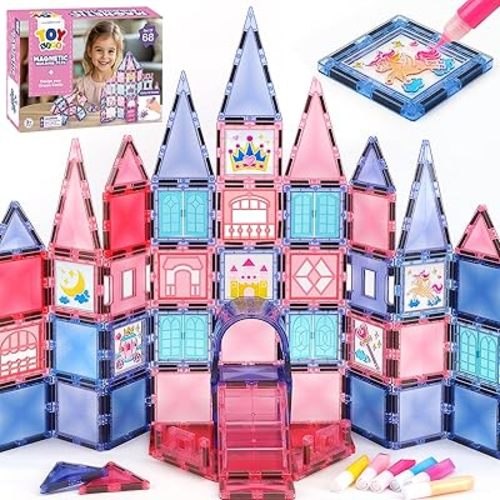 TOY Life Magnetic Tiles 68pcs Princess Castle Magnet Tiles with Windows Art, Building Toys Girls Magnet Tile for Toddlers 3+, Magnetic Tile Art for Kids Ages 4-8, Craft Toys Gifts for Kid