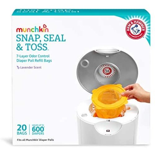 Munchkin Arm and Hammer Diaper Pail Snap, Seal and Toss Refill Bags, Holds 600 Diapers, White 20 Count