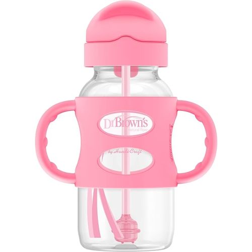 Dr. Brown's Milestones Wide-Neck Sippy Straw Bottle with 100% Silicone Handles and Weighted Straw, 9 oz/270 mL, Pink, 6m+