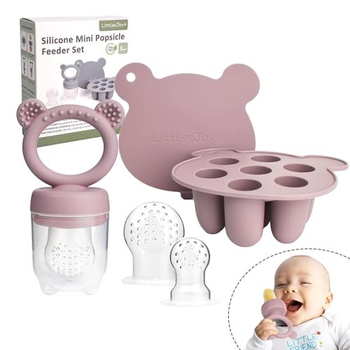 Silicone Baby Fruit Feeder & Freezer Tray Set, Silicone Baby Fruit Food Feeder for Safe Infant Self Feeding, BPA Free Teething Relief for 3 Month+, Additional Silicone Pouches (Dusty Lilac)