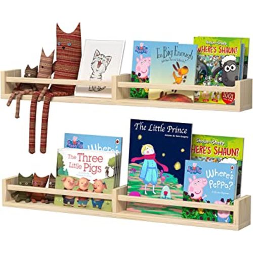 32 Inch Classic Nursery Shelves, Set of 2 Natural Wood Floating Book Shelves for Kids Room, Wall Shelves for Bathroom Decor, Kitchen Spice Rack, Book Shelf Organizer for Baby Nursery Décor (32Lx4W)