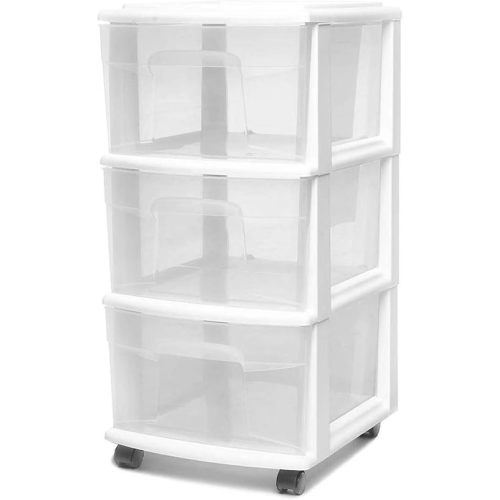 HOMZ 3-Drawer Storage Cart, Plastic Home, Dorm, & Office Organizer, White Frame