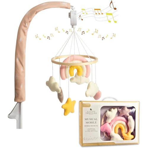 Living Textiles Baby Crib Cot Mobile Musical Toy - Calming Soother, Infant Safe Materials - Nursery Decor w/Music & Knitted Animal Characters, Best Gift Idea for Infant, Newborn, Girl (Bohemian)
