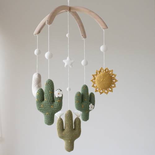 Cactuses nursery mobile with Sun and Moon - green, mustard, beige, olive - neutral, south, western, saguaro, desert, Arizona