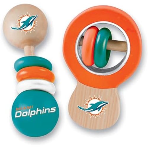 BabyFanatic Wood Rattle 2 Pack - NFL Miami Dolphins - Officially Licensed Baby Toy Set