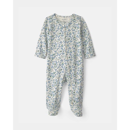 Baby Girl Floral 100% Cotton 2-Way Zip Sleep & Play Pajamas - Blue/Ivory