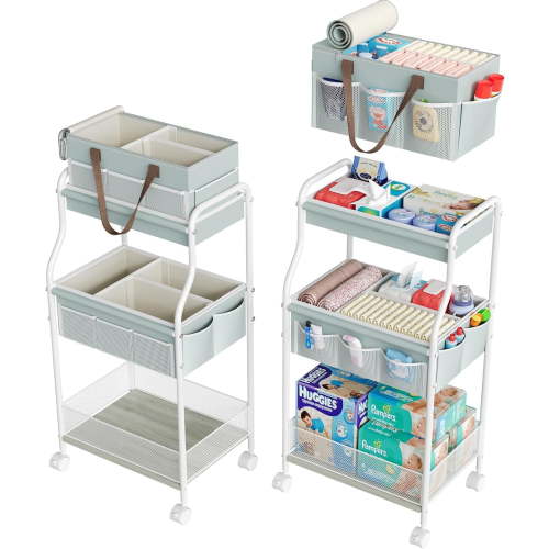 3-tier baby diaper organizer and storage trolley with 4+2 dividers, mobile metal multifunctional trolley with wheels for nursery essentials, large capacity rolling trolley for crib, bedroom, bathroom