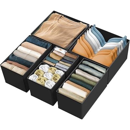 Simple Houseware Foldable Storage Basket Box Closet Dresser Drawer Divider Bins Organizer for Clothes,Underwears, Bras, Set of 6, Black