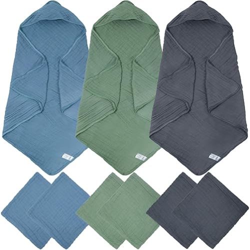 9 Pcs Baby Hooded Bath Towel and Washcloth Sets Muslin Cotton Hooded Baby Towel for Newborn Large 32 x 32 Inch Infant Toddler Hooded Towels Baby Towels with Hood Soft and Absorbent (Dark)