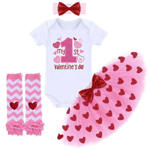 IBTOM CASTLE Baby Girls My 1st Valentines Easter Outfit Romper Ruffle Tutu Skirt Headband Leg Warmers 4PCS Party Dress Clothes Set 0-6 Months Pink - 1st Valentine's Day 02