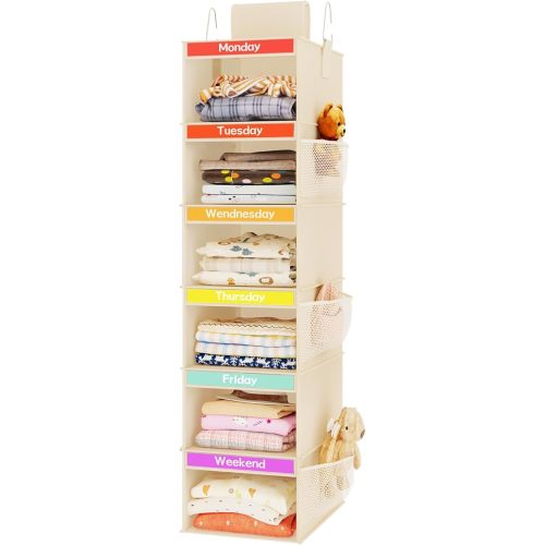 Fixwal 6-Shelf Weekly Hanging Closet Organizer for Kids, Kids Daily Clothes Organizers with 6 Side Pockets, Days of The Week Hanging Storage Shelves (Begie)