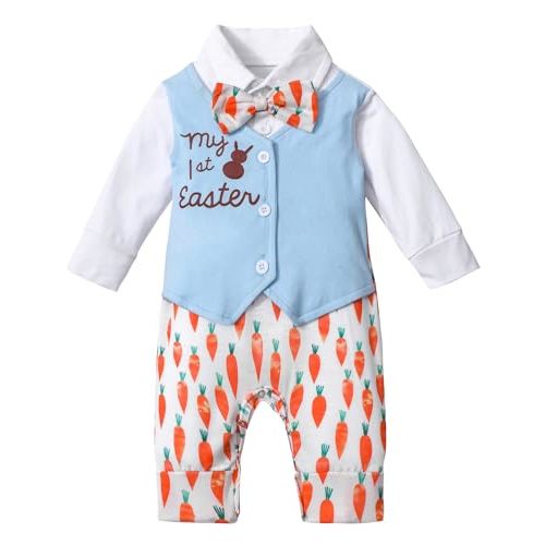 Aulyffo Baby Boy Easter Outfit,My First Easter Baby Boy Outfit Long Sleeve Bunny Romper Radish One Piece Jumpsuit