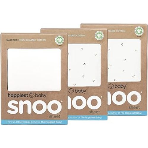 Happiest Baby SNOO Bassinet Fitted Sheet - 100% Organic Cotton Nursery Bedding - Fits SNOO Sleeper Crib Mattress - 3-Pack Bundle (Ivory Cherries (2), Ivory (1))