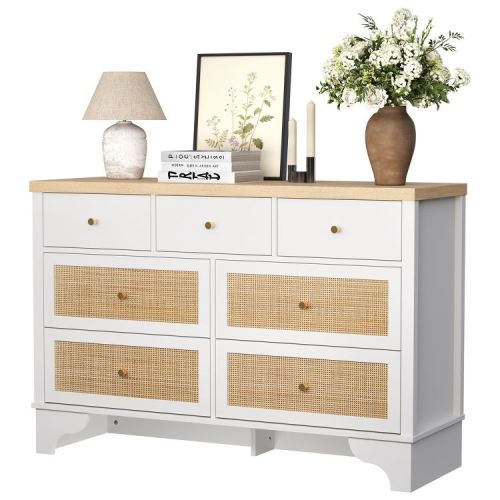 7 Drawers Dresser, Natural Rattan Modern Wood Dressers & Chest of Drawers for Bedroom, Wide Storage Dressers Organizer Deep Drawers