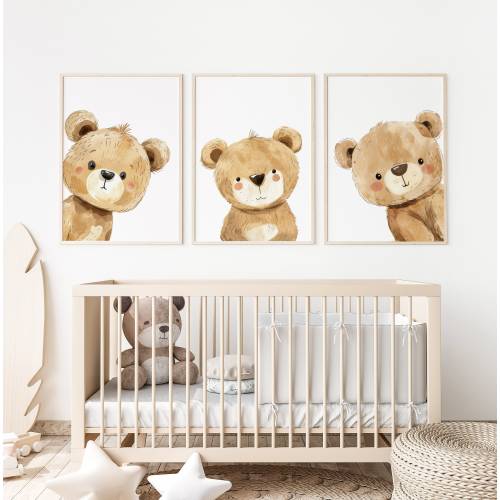 Teddy Bear Nursery Wall Art Prints Set of 3, Teddy Bear Nursery Decor, Bear Playroom Pictures, Teddy Bear Wall Art Neutral, Peeking Bear