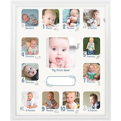 Collage Photo Frame for Baby First Year Keepsake, 12 Months Picture Frames for Baby Boy Girl Newborn 1st Birthday GiftsIdeas size 11 x 13 x 1 inch with 13 Slots for Home Decor in White Frame Wood