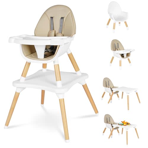 High Chair for Babies & Toddlers, Convertible Wooden 6 in 1 Baby Highchair, Table and Chair Set, Building Block Table, 5-Point Adjustable Seat Belts, 4-Position Removable Tray& PU Seat Cushion (Beige)