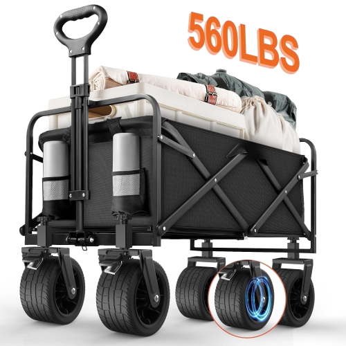 Qunler Large Collapsible Folding Wagon, 560 lbs Heavy Duty Big Bucket Utility Garden Cart with Oversized Tank Wheels for Sports, Shopping, Camping Kids, Black