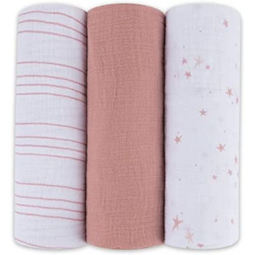 Ely's & Co. Muslin Swaddle Blanket 3-Pack for Baby Girl — 100% Cotton Muslin Extra-Large Swaddle Blankets (47” x 47”) — (Mauve Pink Stars │ Solid Dusty Rose │ Dusty Rose Stripes)