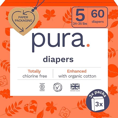Pura Eco-Friendly Diapers Size 5 (24-35 lbs), Totally Chlorine Free (TCF), Hypoallergenic Soft Organic Cotton, Up to 12 Hours Leak Protection, Allergy UK - 3 Packs of 20 (60 Diapers)