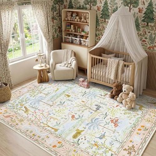 Washable Area Rug 5x7 Blush Animal Print Rugs for Nursery Non Slip Stain Resistant Forest Fairy Tale Throw Carpet Low Pile Whimsical Safari Area Rugs for Entryway Girls Bedroom Dining Room, PeachBlush