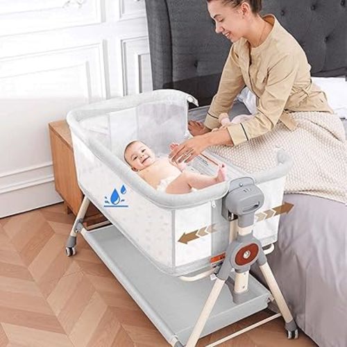 Baby Bassinet,Rocking Bassinet with Waterproof Sheets,3 in 1 Baby Bassinets Bedside Sleeper,6 Height Adjustable Bedside Bassinet for Newborn(Light Grey)