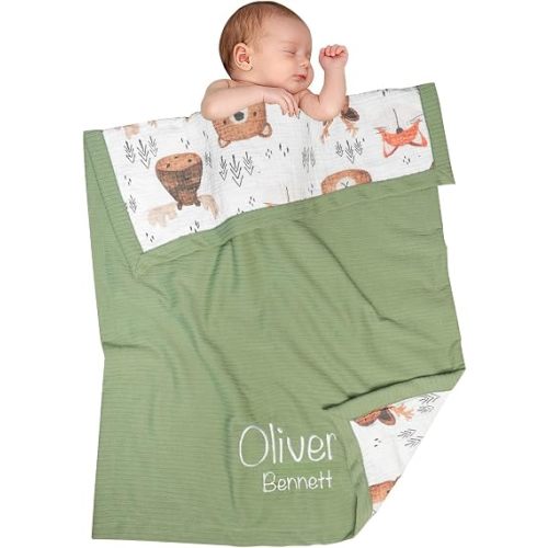 Personalized Baby Blanket with Name - Custom Knit Blanket, 27x40in Embroidered Nursery Blanket for Girls & Boys Woodland- Customized Baby Blanket, Soft Newborn Gift & Custom Baby Gift (Leaf)