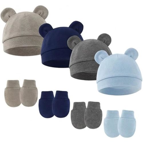 Newborn Baby Hats and Mittens Set with Bear Ears,4 Pack High Elasticity No Scratch,Infant Beanie for 0-6 Months Boys Girls
