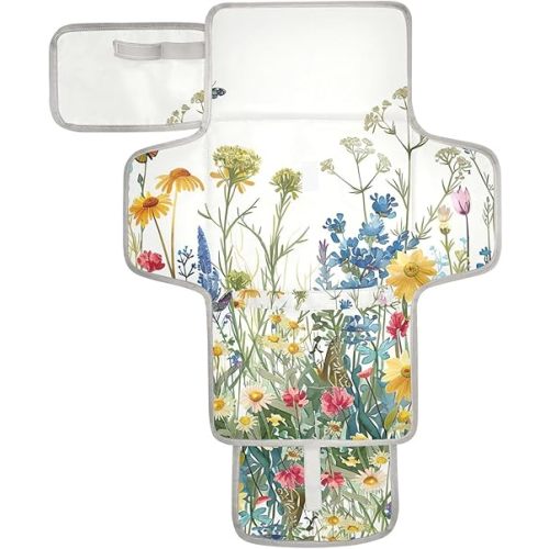 Portable Changing Pad for Baby - Wildflowers Field Waterproof Diaper Changing Mat Travel Changing Pad with Built-in Pillow - Shower Gift for Baby