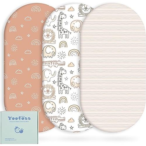 Yoofoss Bassinet Sheets Baby Girl Boy, Fitted Bassinet Sheet Set 3 Pack Universal Fit for Cradle Moses Basket Oval Rectangle Round Hourglass Mattress,Soft Breathable (Brown+Animals)