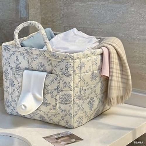JQWYGB Quilted Laundry Basket Floral Fabric Storage Basket Boho Quilted Foldable Storage Basket Large Laundry Baskets for Clothes and Dolls