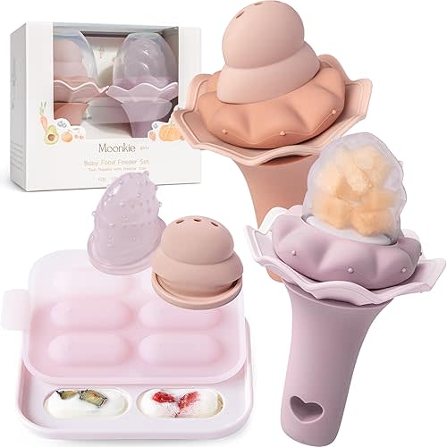 Moonkie Baby Fruit Feeder with Freezer Tray | BPA Free Silicone Infant Food Feeder | Two Sizes Pouches and Breastmilk Popsicle Molds for Cooling Relief | Baby Shower Gifts 4 Months+, 2 Pack