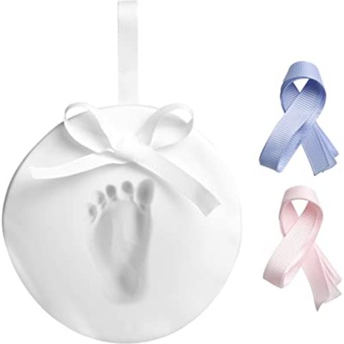 Pearhead Baby Handprint or Footprint Kit, My First Christmas Ornament, DIY Clay Keepsake, Gift For New And Expecting Parents, 3 Multicolored Ribbons