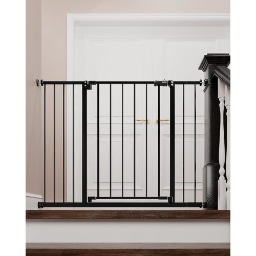 InnoTruth Baby Gate for Stairs 28.9-42.1" Wide, 30" Tall Easy Step Walk Through Expandable Dual Lock Dog Gates for The House,Pressure Mounted Easy Install Pet Gate for Doorways, Black
