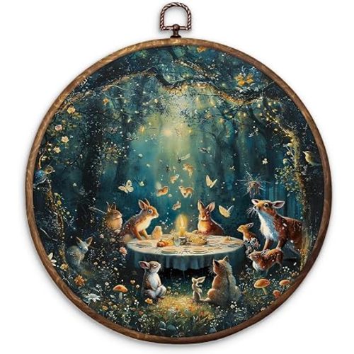 ROXMART Enchanted Forest Animal Round Wall Art, Mystical Fantasy Wildflower Forest Animals Framed Canvas Prints Hanging Wall Decor for Home Living Room Kids Bedroom Nursery, 10x10 Inch