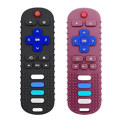 ROBBEAR Baby Teething Toys, Food Grade Silicone Teether for Babies 3 6 12 18 Months, TV Remote Shape Toddlers Chew Toys, Freezer BPA Free (Black+Red)