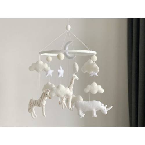 White Baby Mobile Neutral Animals Africa Nursery Mobile Felt Africa Safari Giraffe, Lion, Zebra and Elephant. Crib Mobile Moon, Clouds Mobil - Etsy