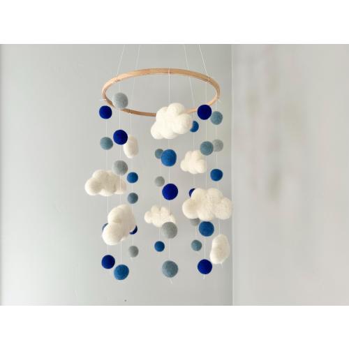 Customizable Blue Sky Ceiling Mobile - Cloudy Weather Themed Nursery - Custom Kid Room Pom Decor - White Clouds w/ Shades of Blue Felt Balls